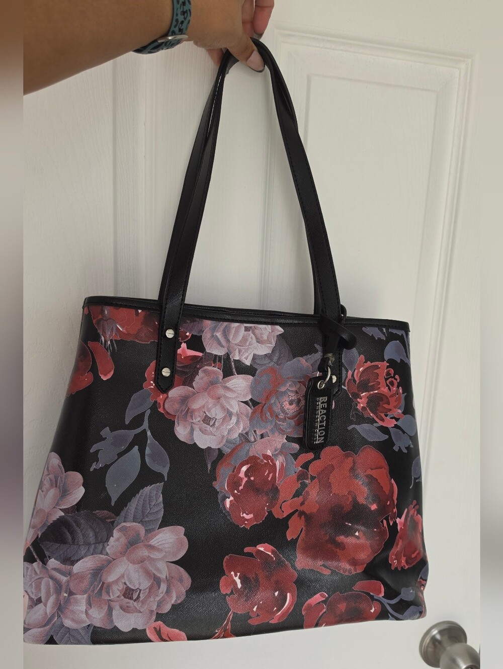 Kenneth Cole Reaction Black Floral Tote with Red and Pink Blooms